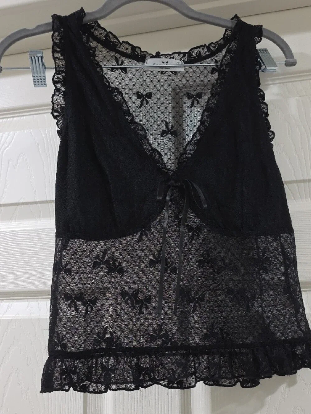 Sheer Black Lace Mesh Chemise Top with Bow Tie